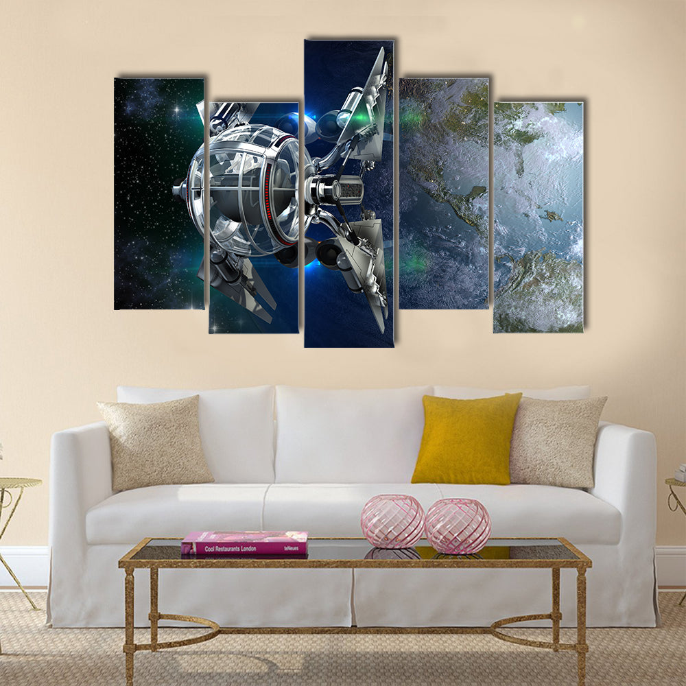 Alien Spaceship With Spherical Drone Leaving Earth For Deep Space Travel Scenery Multi Panel Canvas Wall Art