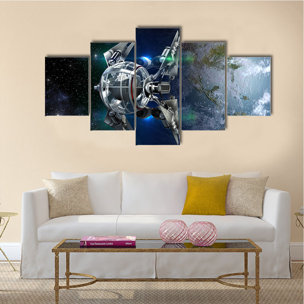 Alien Spaceship With Spherical Drone Leaving Earth For Deep Space Travel Scenery Multi Panel Canvas Wall Art