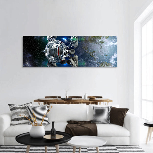 Alien spaceship with spherical drone leaving Earth for interstellar deep space panoramic canvas wall art