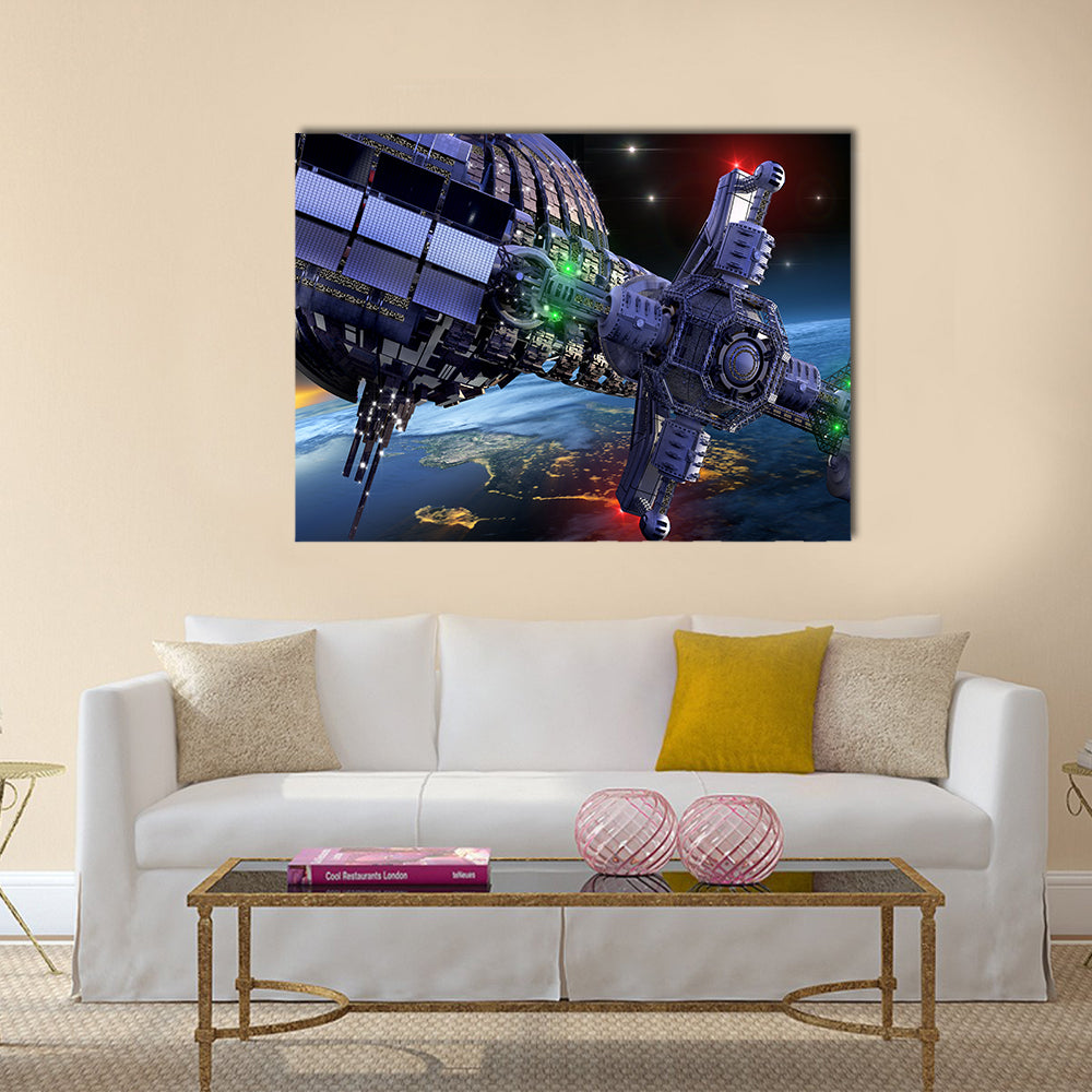 Science Abstract Scenery Of Spherical Spaceship In Interstellar Deep Space Multi Panel Canvas Wall Art