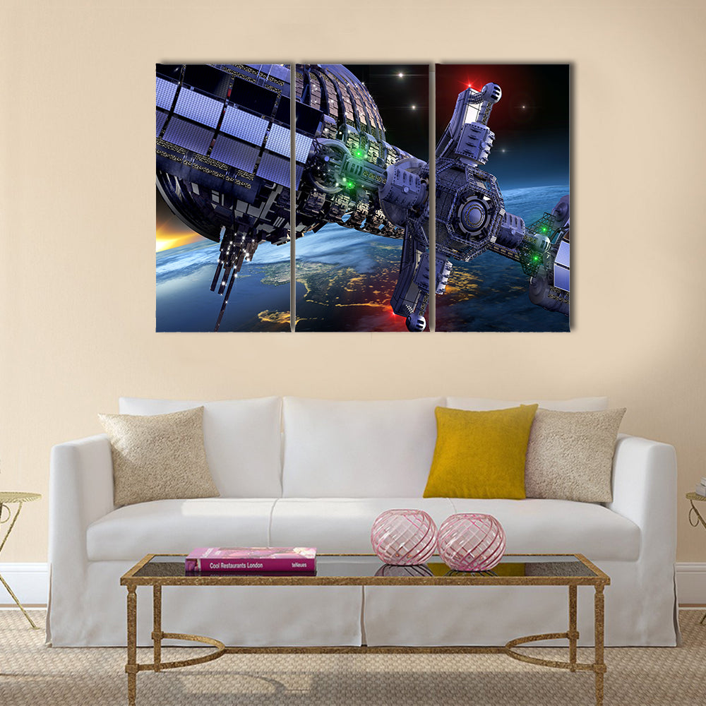 Science Abstract Scenery Of Spherical Spaceship In Interstellar Deep Space Multi Panel Canvas Wall Art