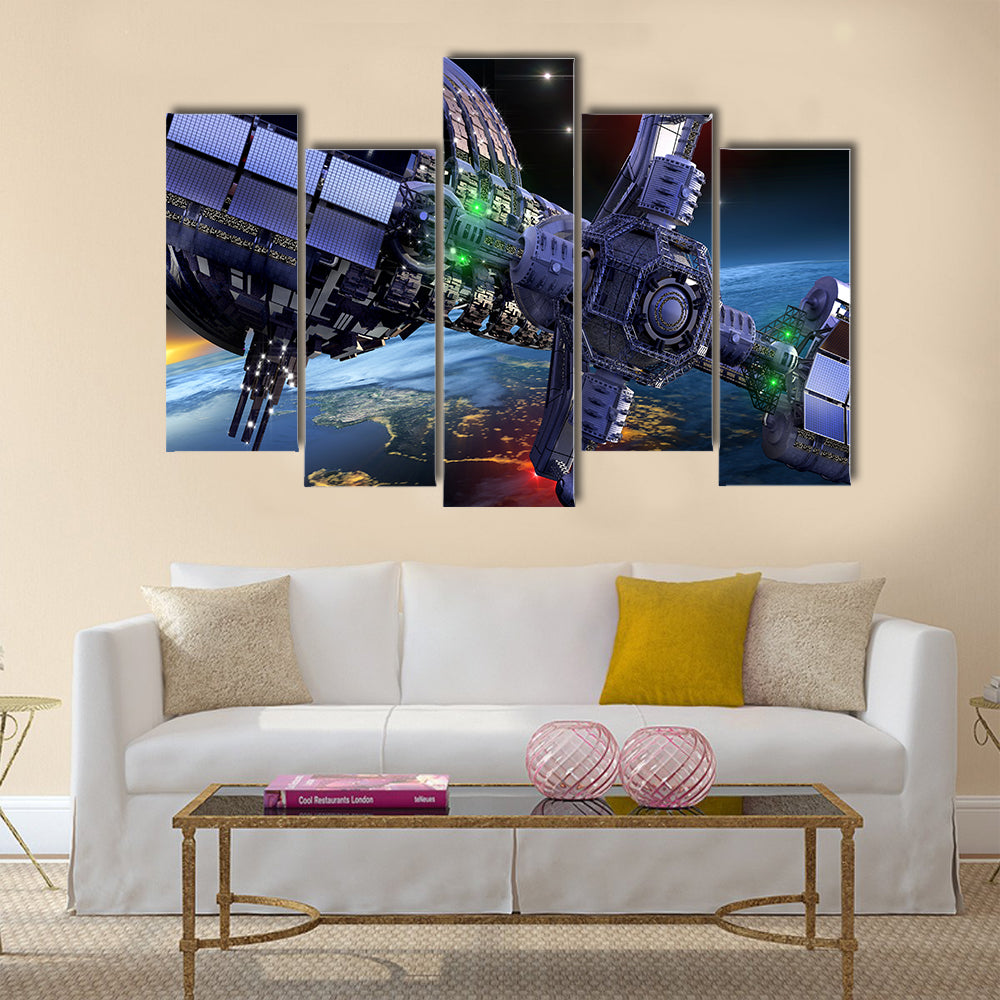 Science Abstract Scenery Of Spherical Spaceship In Interstellar Deep Space Multi Panel Canvas Wall Art