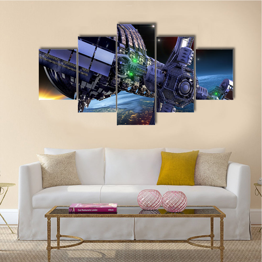Science Abstract Scenery Of Spherical Spaceship In Interstellar Deep Space Multi Panel Canvas Wall Art