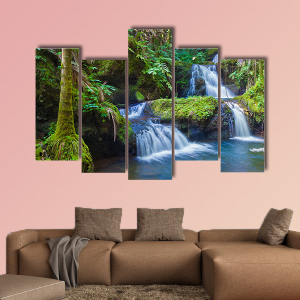 Beautiful waterfall in tropical rainforest in Hawaii Multi panel canvas wall art