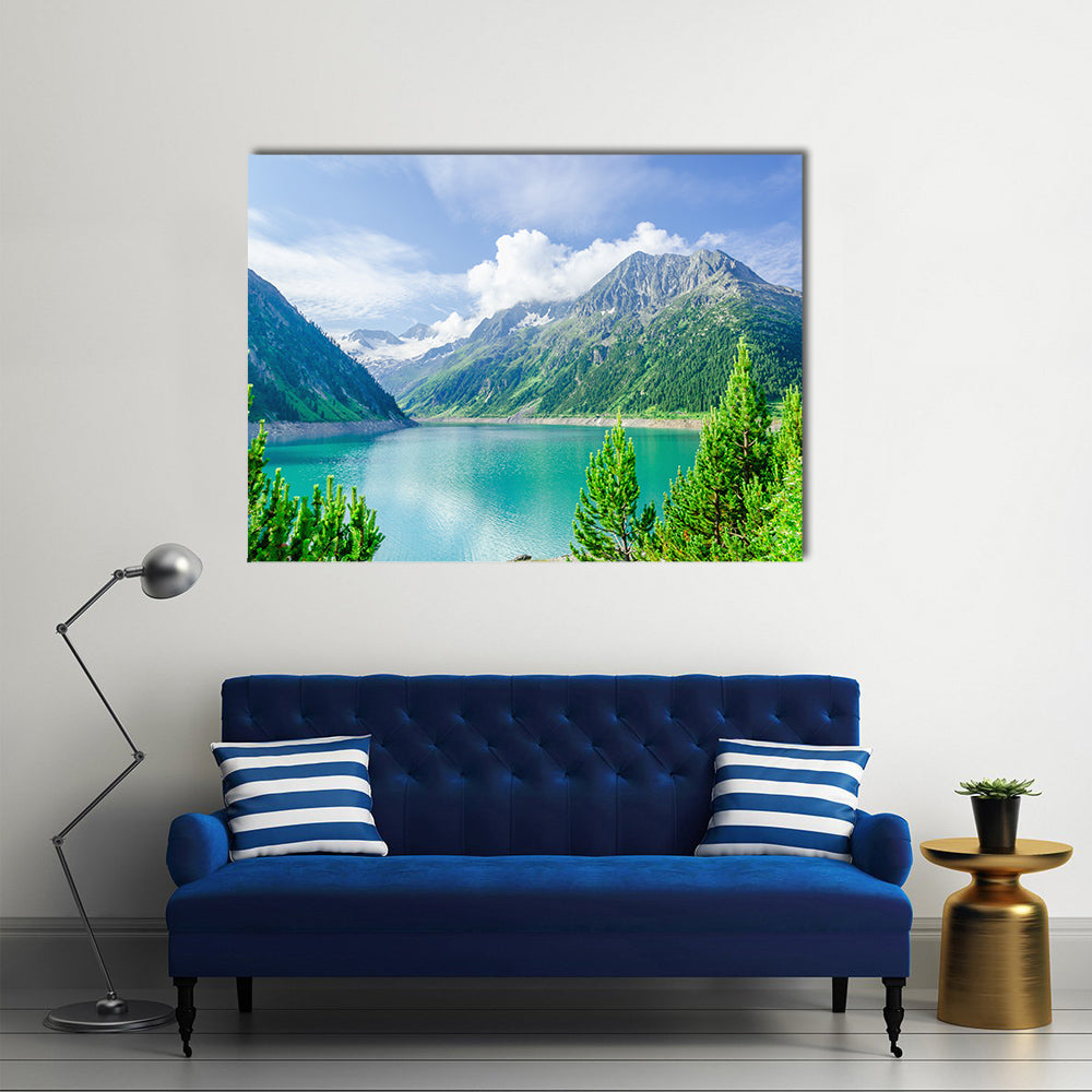 Azure Mountain Lake on the background of the high peaks of the Alps, Zillertal, Austria multi panel canvas wall art