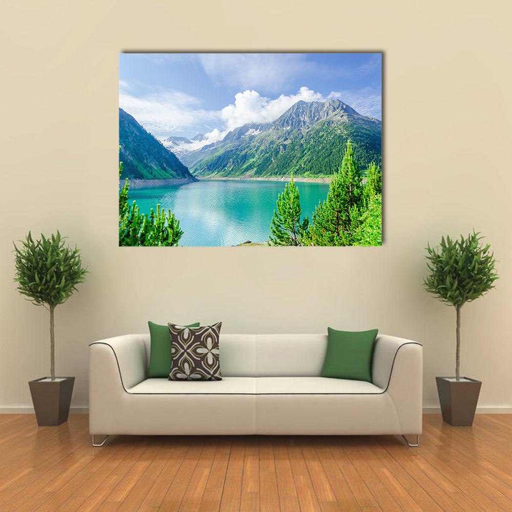 Beautiful view Azure mountain lake on the background of the high peaks of the Alps, Zillertal, Austria multi panel canvas wall art