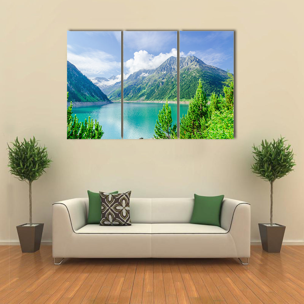 Beautiful view Azure mountain lake on the background of the high peaks of the Alps, Zillertal, Austria multi panel canvas wall art