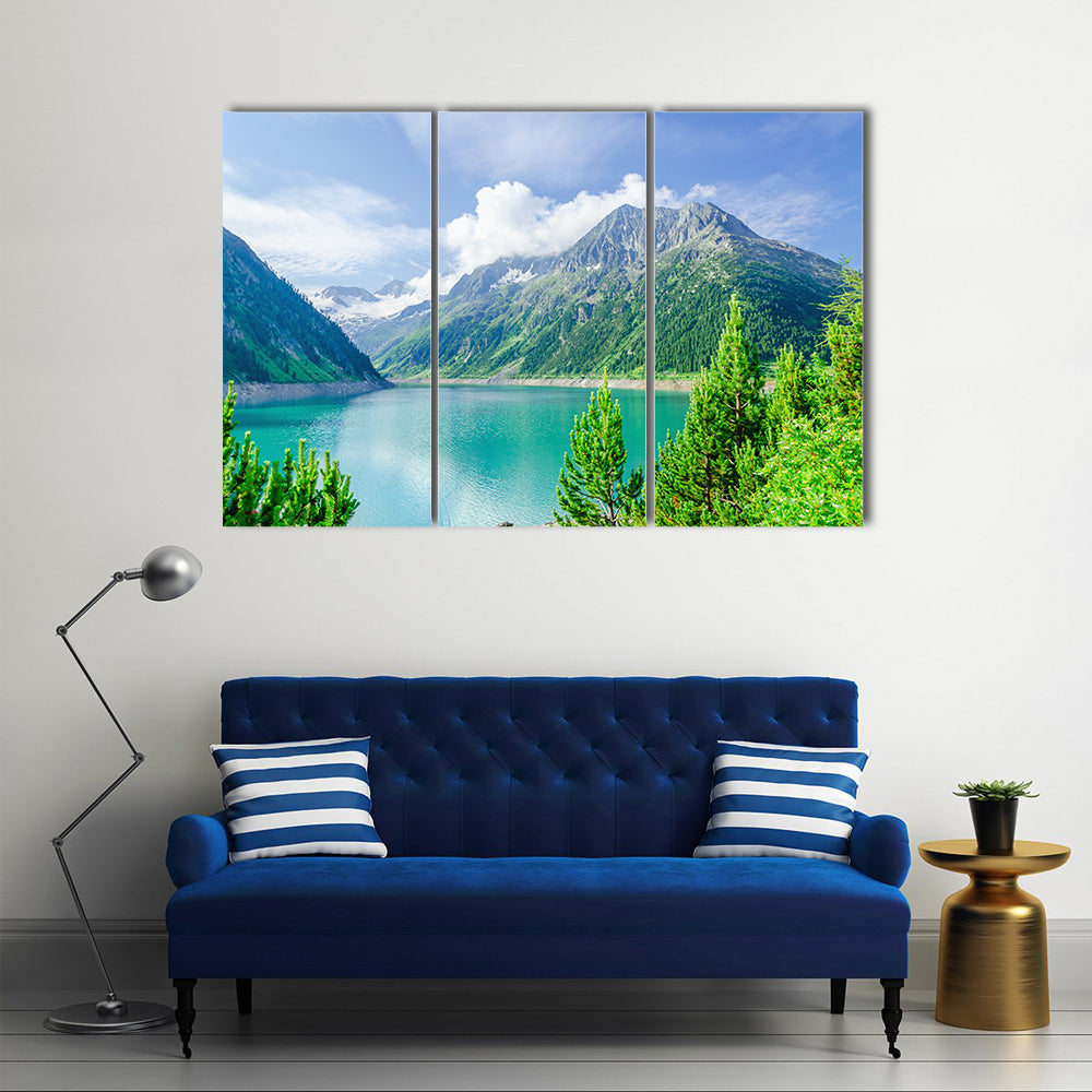 Azure Mountain Lake on the background of the high peaks of the Alps, Zillertal, Austria multi panel canvas wall art