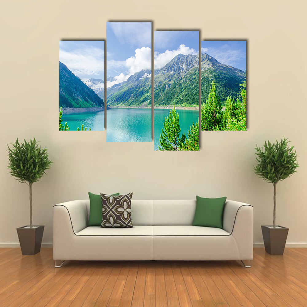 Beautiful view Azure mountain lake on the background of the high peaks of the Alps, Zillertal, Austria multi panel canvas wall art