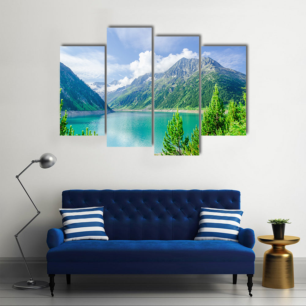 Azure Mountain Lake on the background of the high peaks of the Alps, Zillertal, Austria multi panel canvas wall art