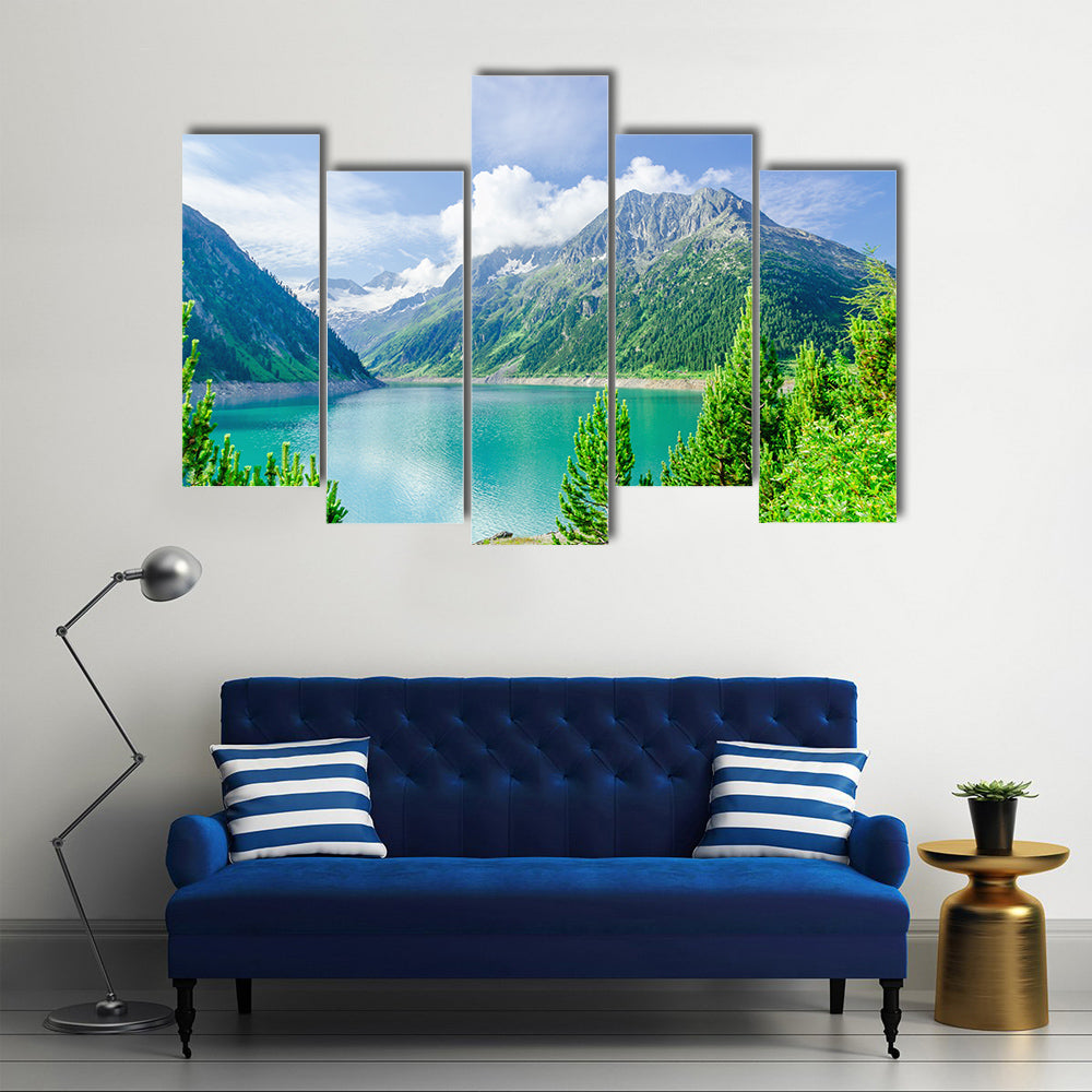 Azure Mountain Lake on the background of the high peaks of the Alps, Zillertal, Austria multi panel canvas wall art