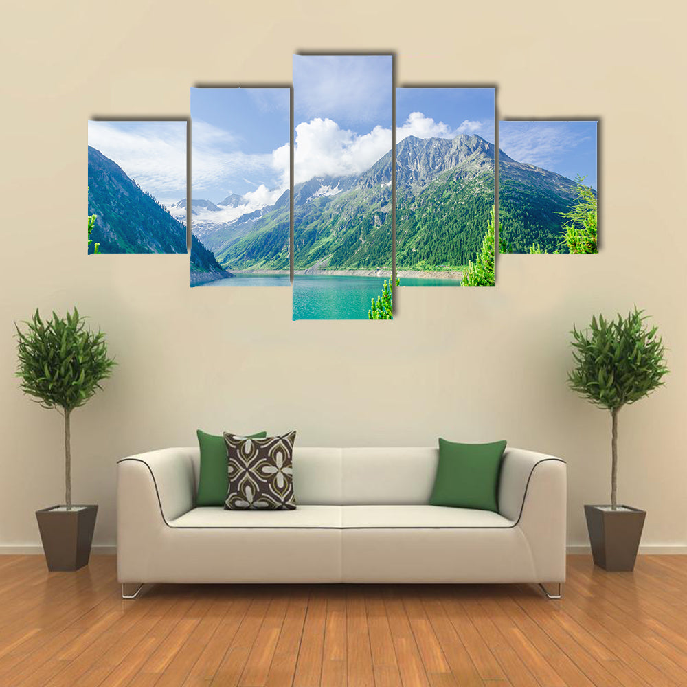 Beautiful view Azure mountain lake on the background of the high peaks of the Alps, Zillertal, Austria multi panel canvas wall art
