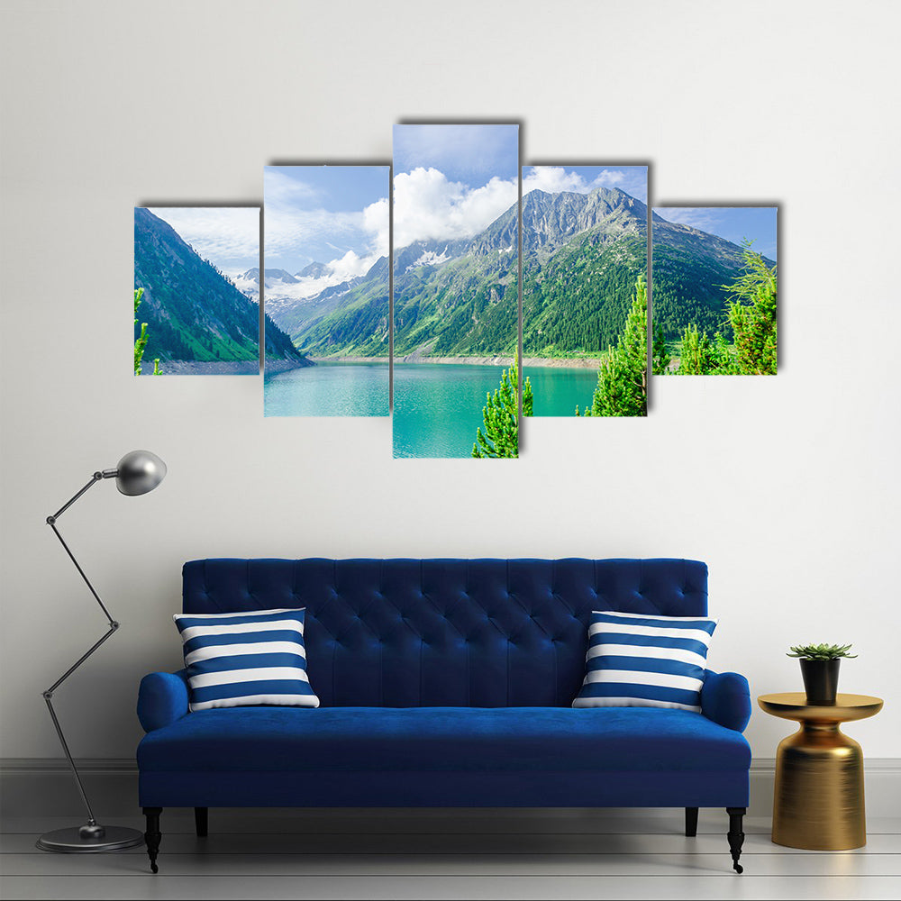 Azure Mountain Lake on the background of the high peaks of the Alps, Zillertal, Austria multi panel canvas wall art