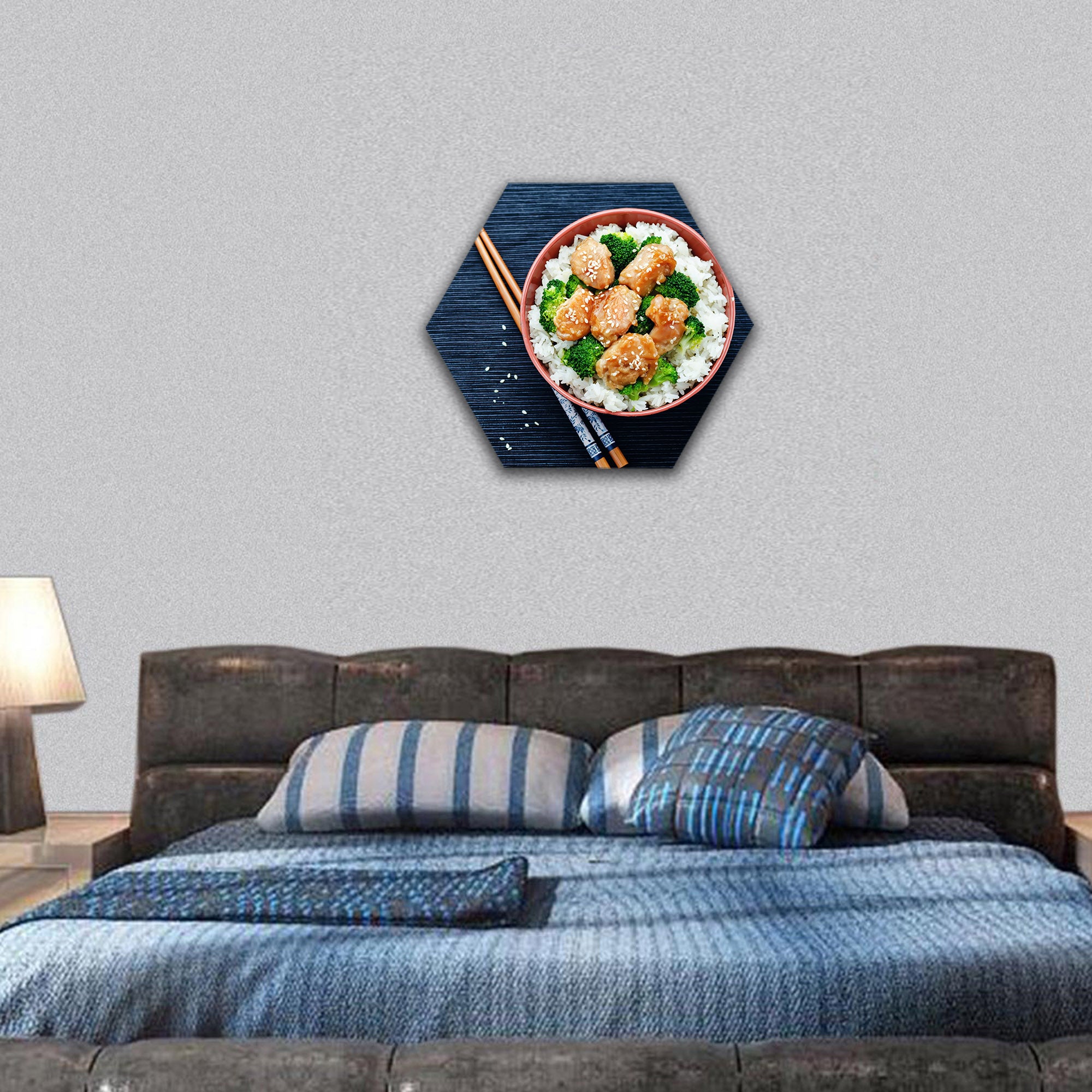 teriyaki chicken and broccoli stir fry with rice hexagonal canvas wall art