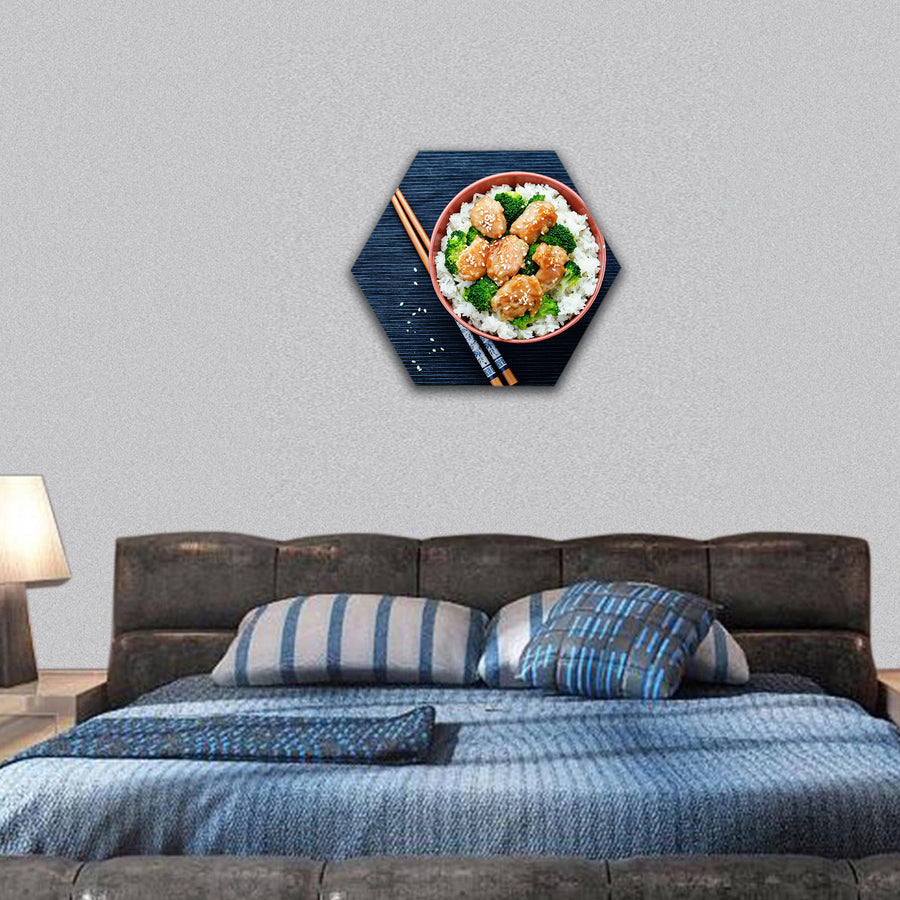 teriyaki chicken and broccoli stir fry with rice hexagonal canvas wall art