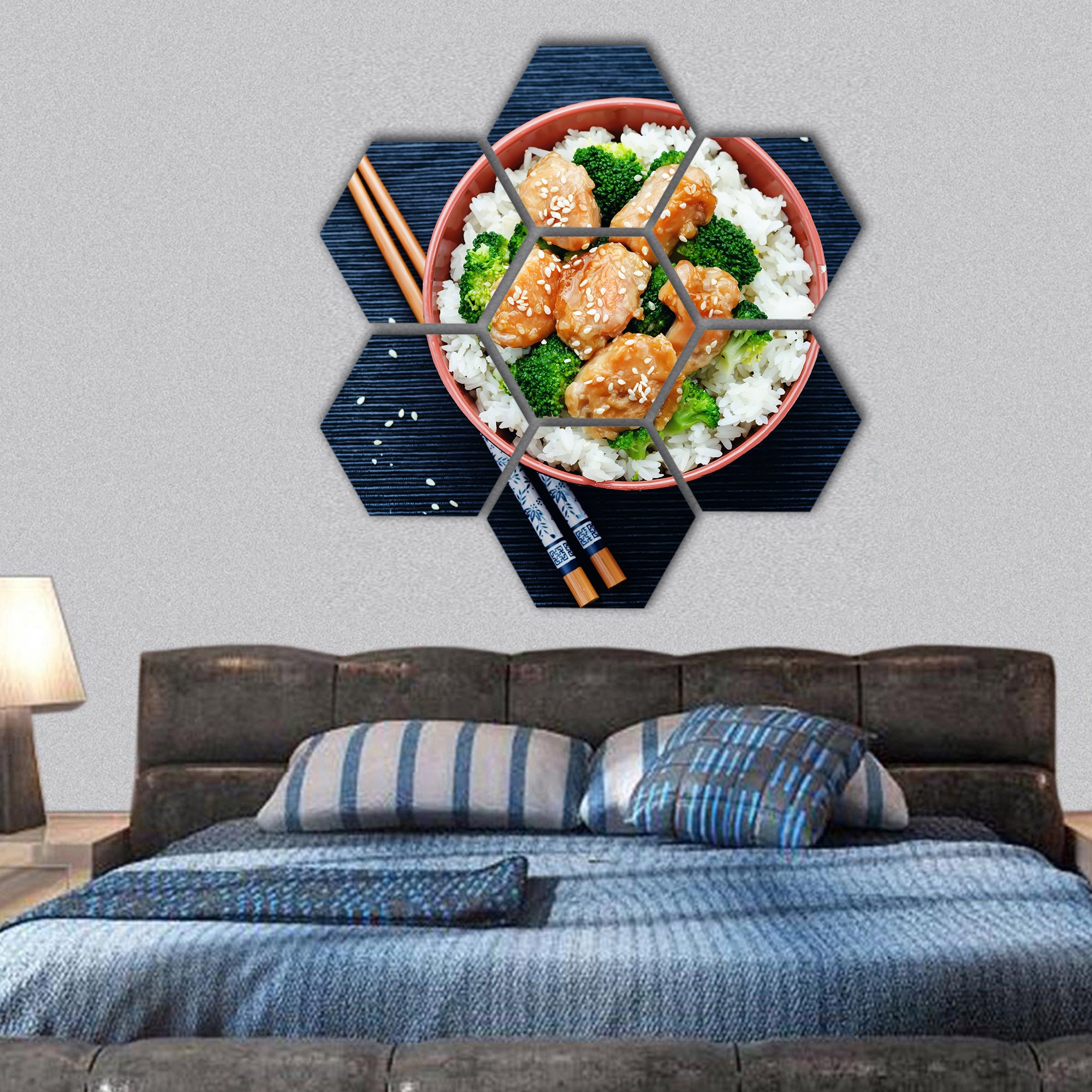 teriyaki chicken and broccoli stir fry with rice hexagonal canvas wall art