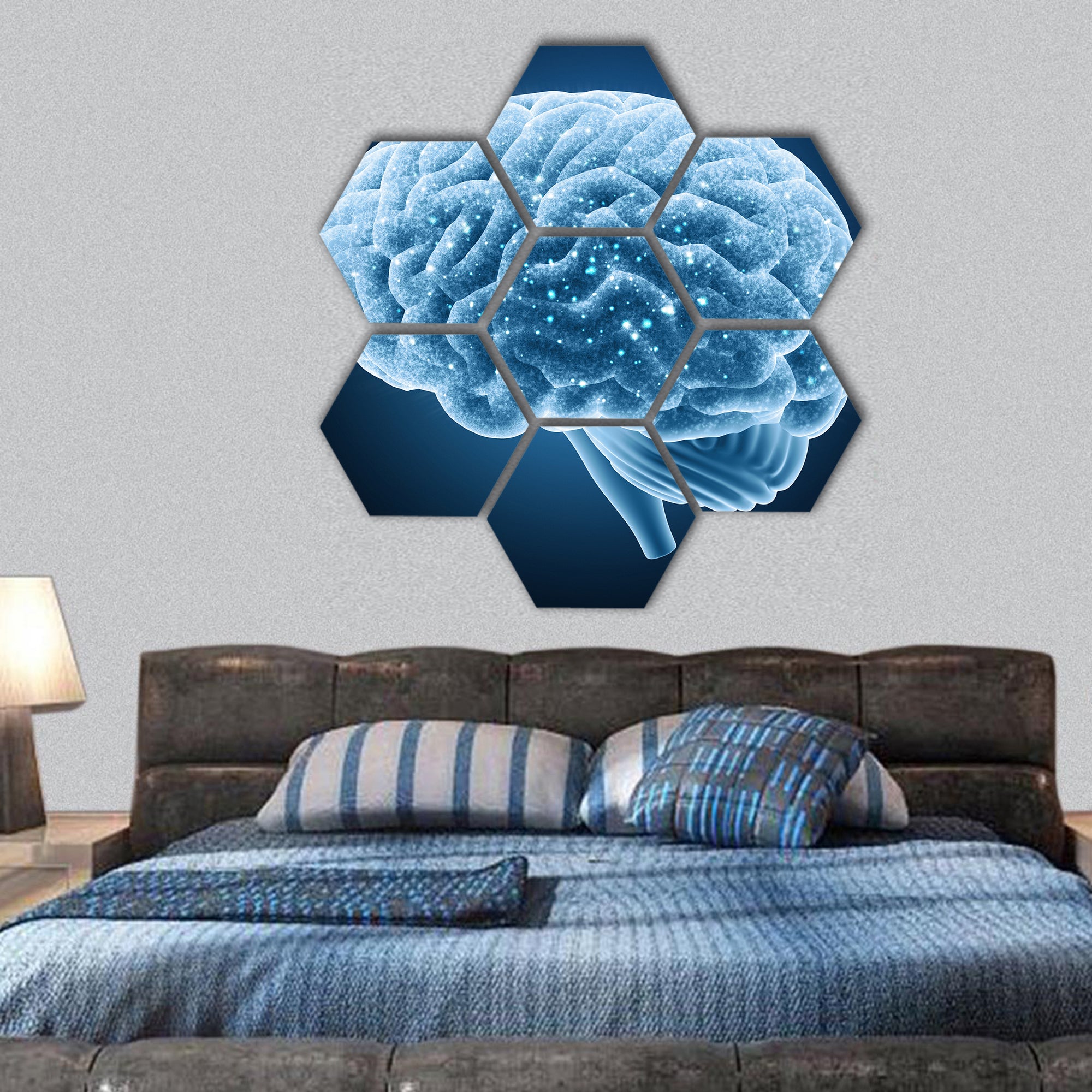 Brain isolated on a dark background. Nerve impulses hexagonal canvas wall art