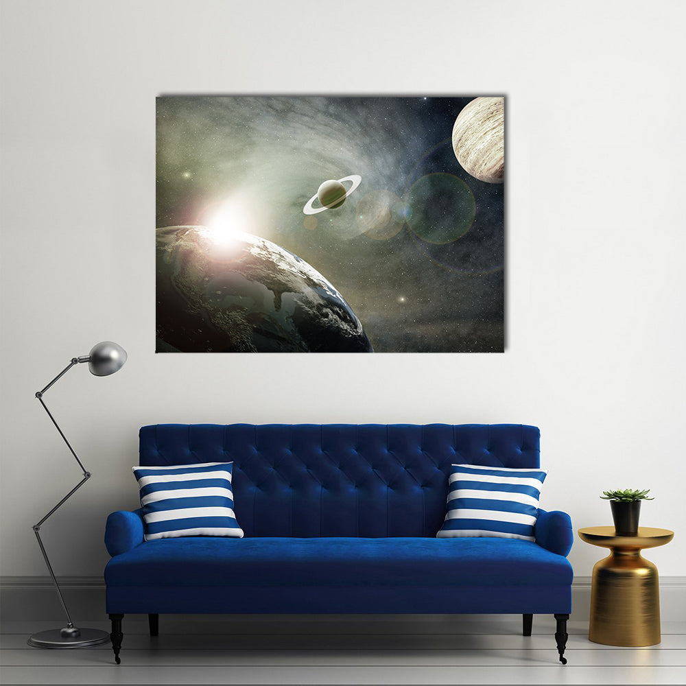 Scenery Of A Cosmic Cloud of Earth, Saturn And Jupiter Multi Panel Canvas Wall Art