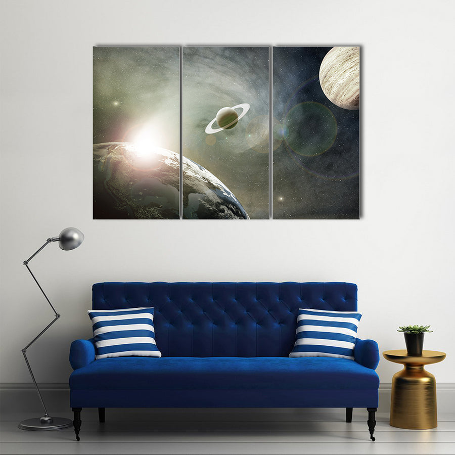 Scenery Of A Cosmic Cloud of Earth, Saturn And Jupiter Multi Panel Canvas Wall Art