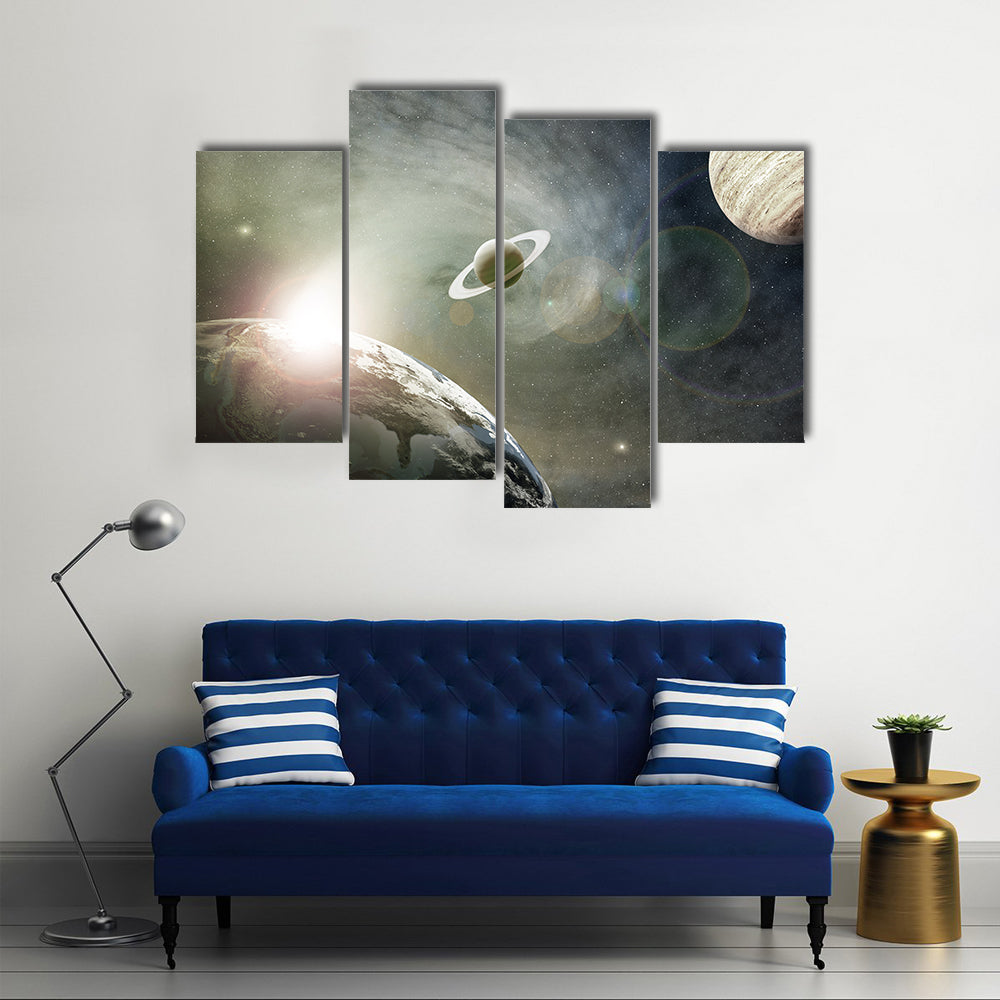 Scenery Of A Cosmic Cloud of Earth, Saturn And Jupiter Multi Panel Canvas Wall Art
