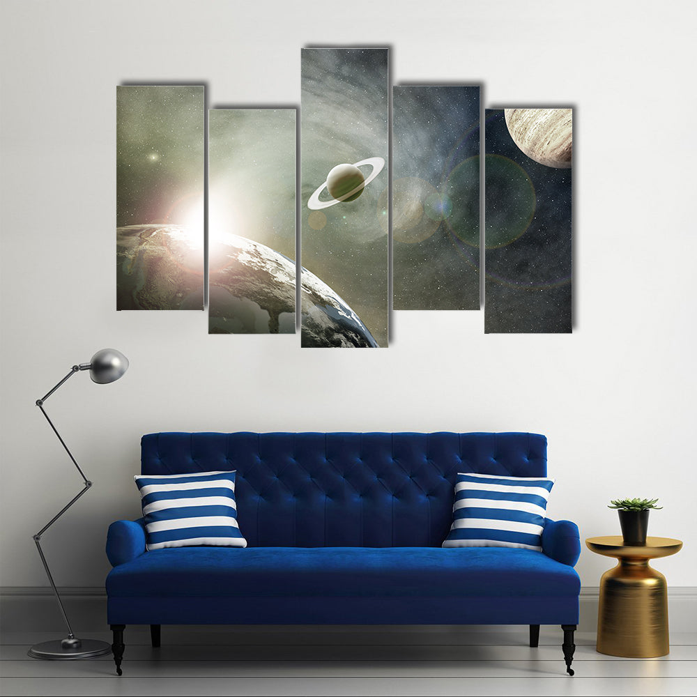 Scenery Of A Cosmic Cloud of Earth, Saturn And Jupiter Multi Panel Canvas Wall Art