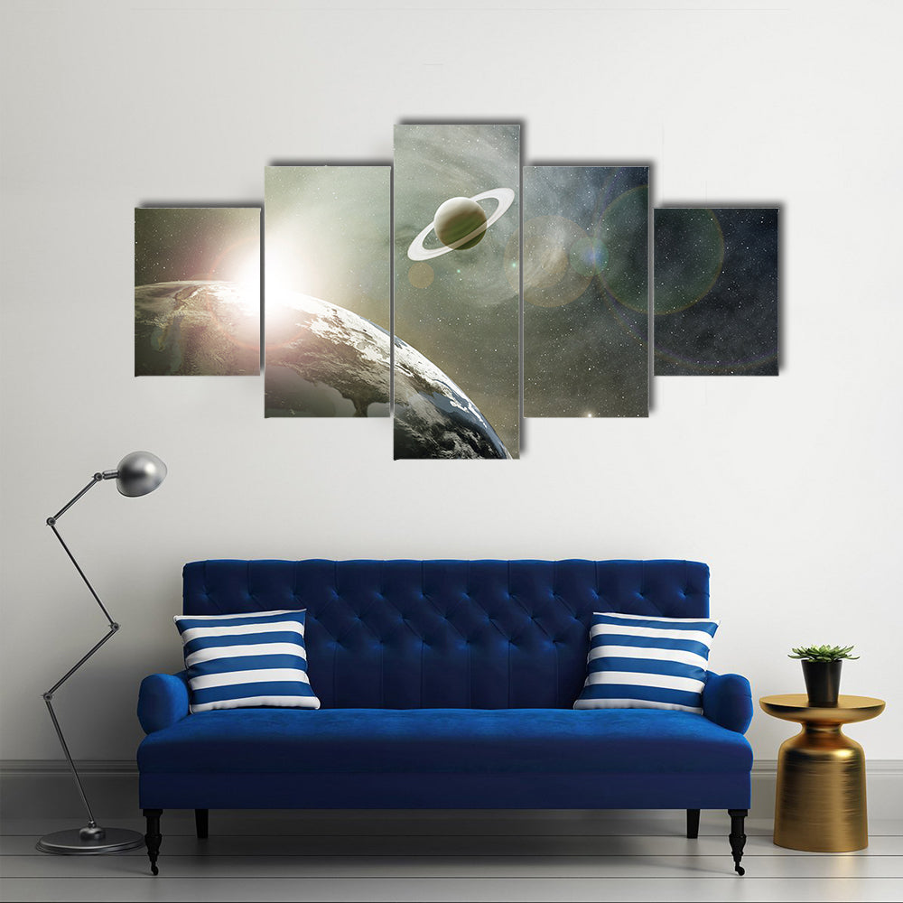 Scenery Of A Cosmic Cloud of Earth, Saturn And Jupiter Multi Panel Canvas Wall Art