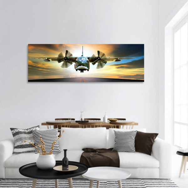 Old military container plane approach to asphalt airport runways panoramic canvas wall art