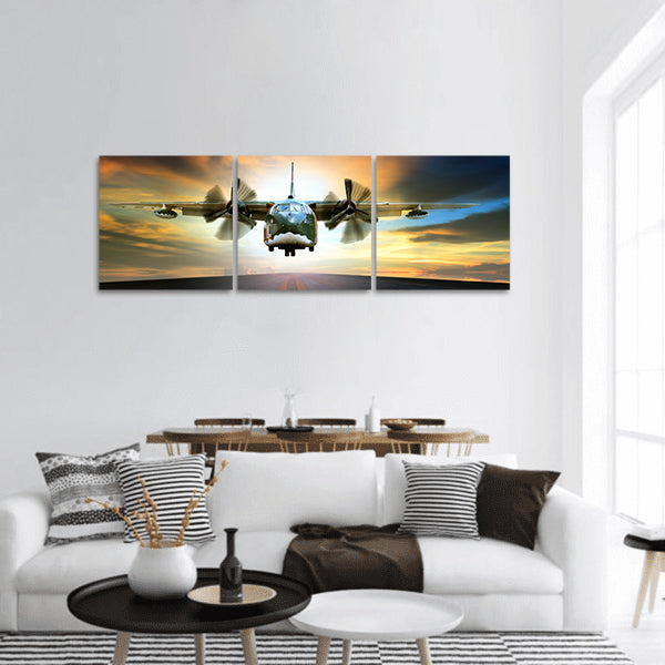 Old military container plane approach to asphalt airport runways panoramic canvas wall art
