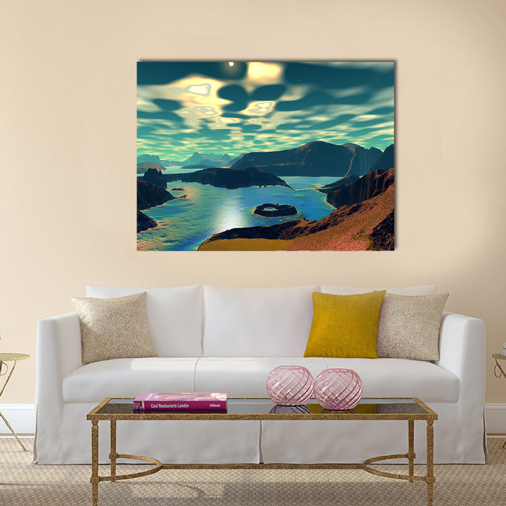 Beautiful Scenery of 3D Alien Planet Rocks And Lake Multi Panel Canvas Wall Art