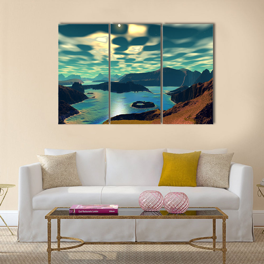 Beautiful Scenery of 3D Alien Planet Rocks And Lake Multi Panel Canvas Wall Art