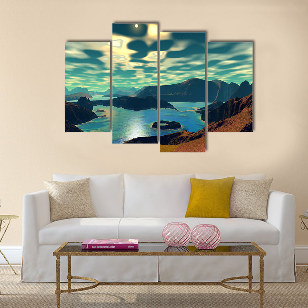 Beautiful Scenery of 3D Alien Planet Rocks And Lake Multi Panel Canvas Wall Art