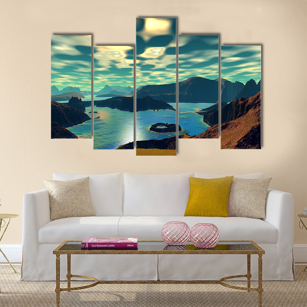 Beautiful Scenery of 3D Alien Planet Rocks And Lake Multi Panel Canvas Wall Art