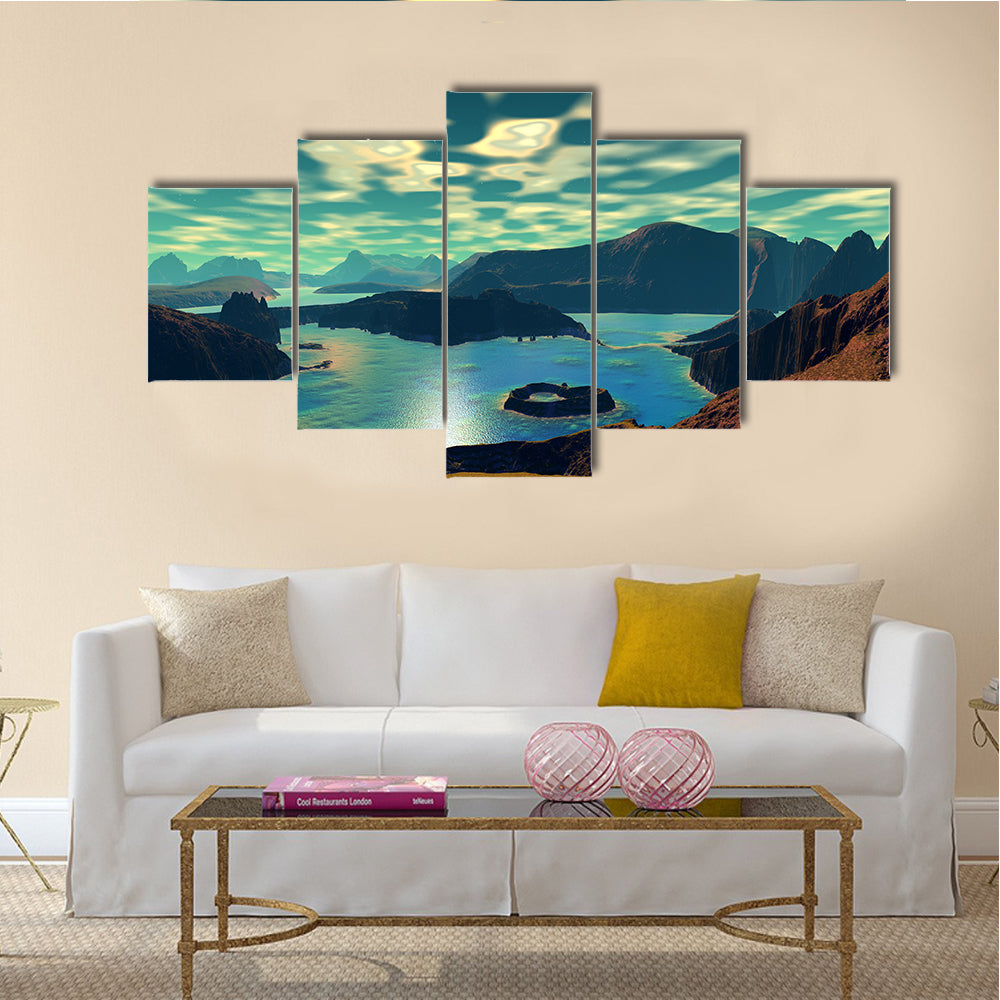 Beautiful Scenery of 3D Alien Planet Rocks And Lake Multi Panel Canvas Wall Art