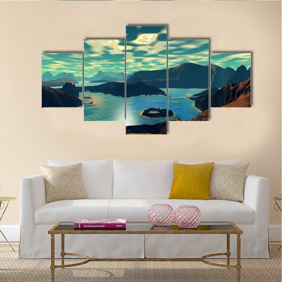 Beautiful Scenery of 3D Alien Planet Rocks And Lake Multi Panel Canvas Wall Art