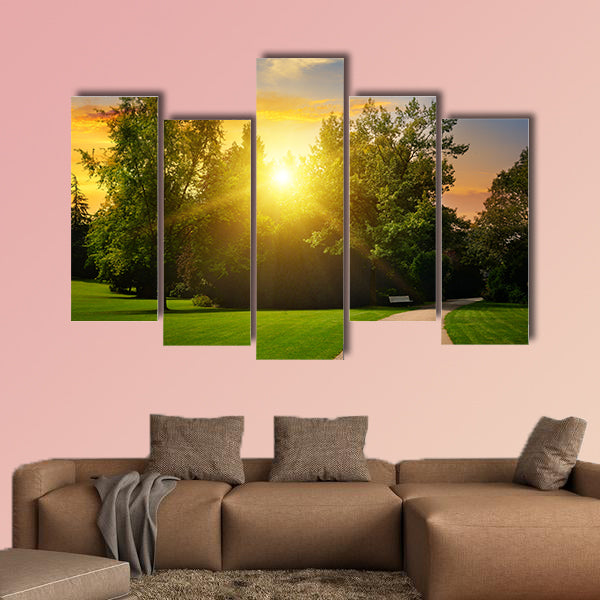 Beautiful Summer Park and sunset multi panel canvas wall art