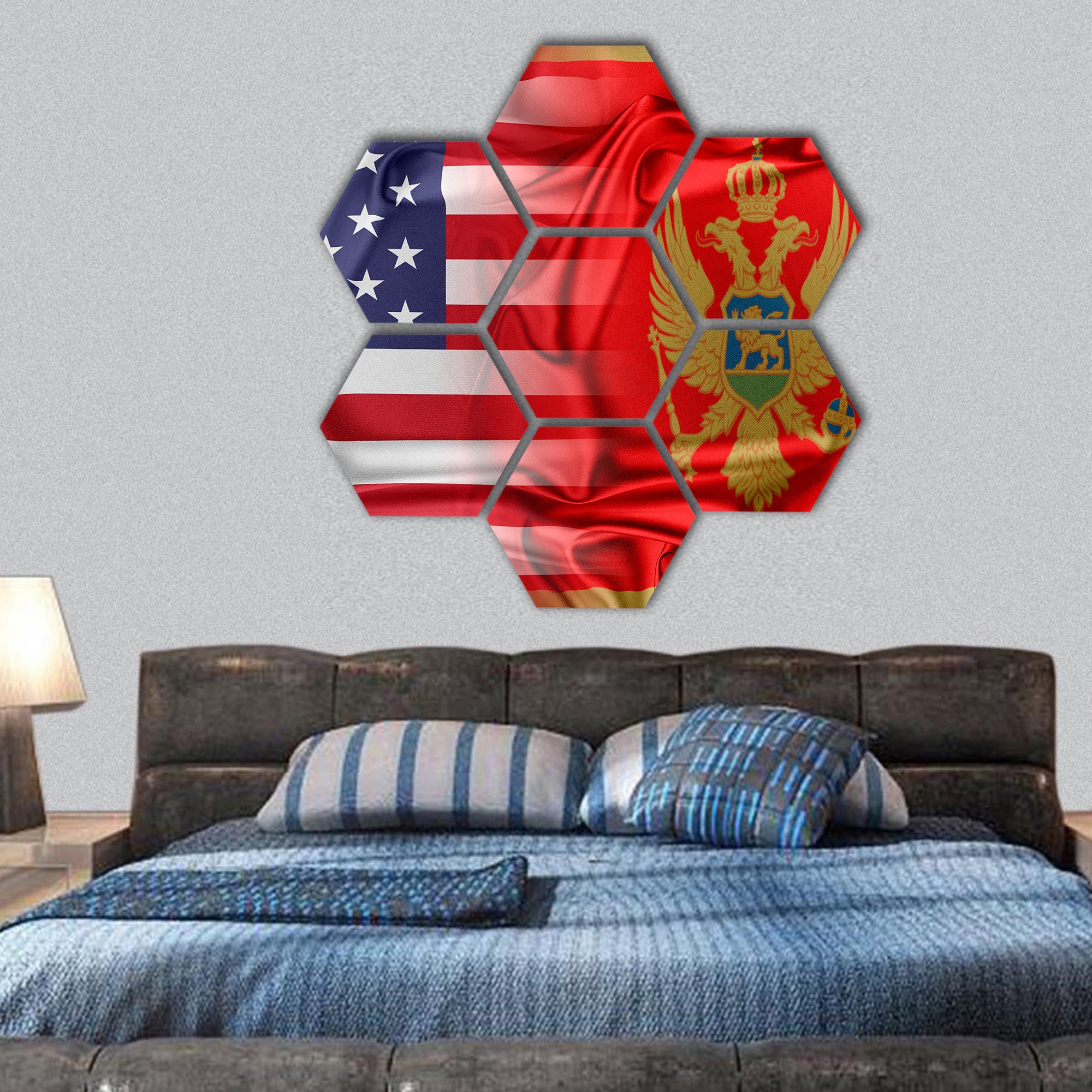 USA and Montenegro flags hexagonal canvas wall art