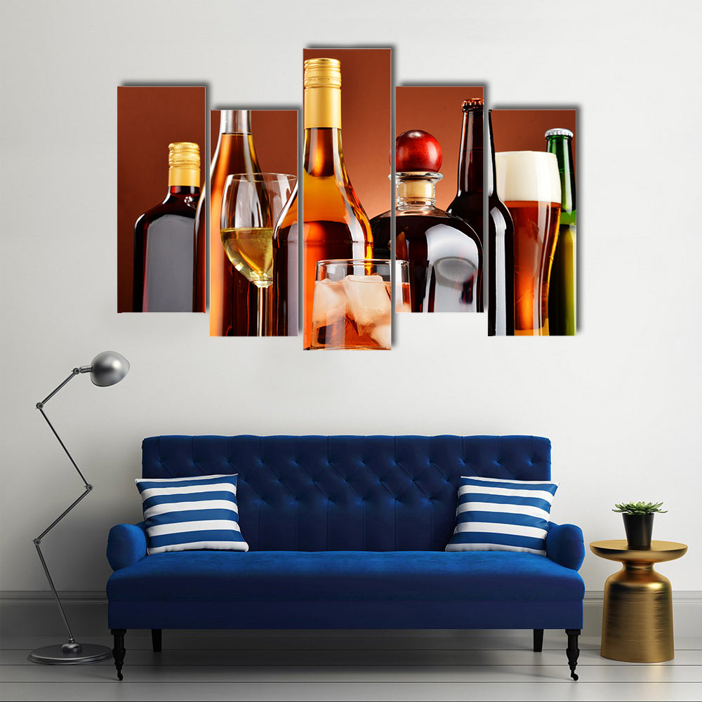 Bottles and glasses of assorted alcoholic beverages Multi panel canvas wall art
