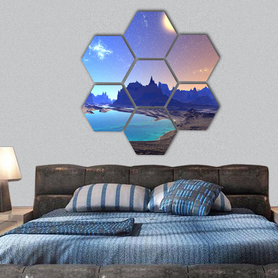Alien Planet, Rocks and moon hexagonal canvas wall art