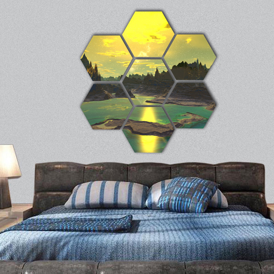 Alien Planet , Rocks and moon hexagonal canvas wall art