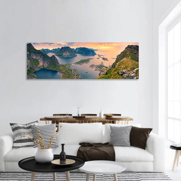 Reinebringen at Lofoten Islands in Norway summer sunrise panoramic canvas wall art