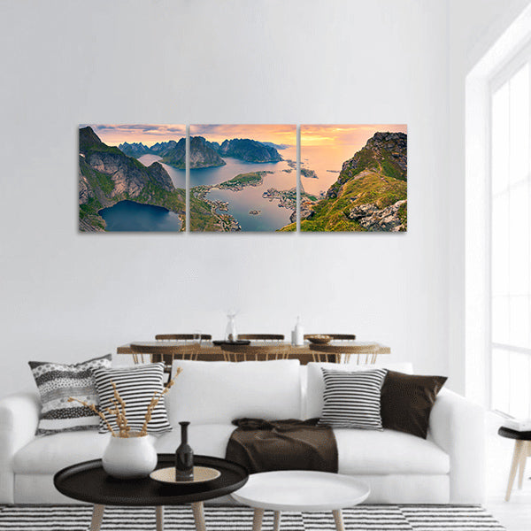 Reinebringen at Lofoten Islands in Norway summer sunrise panoramic canvas wall art