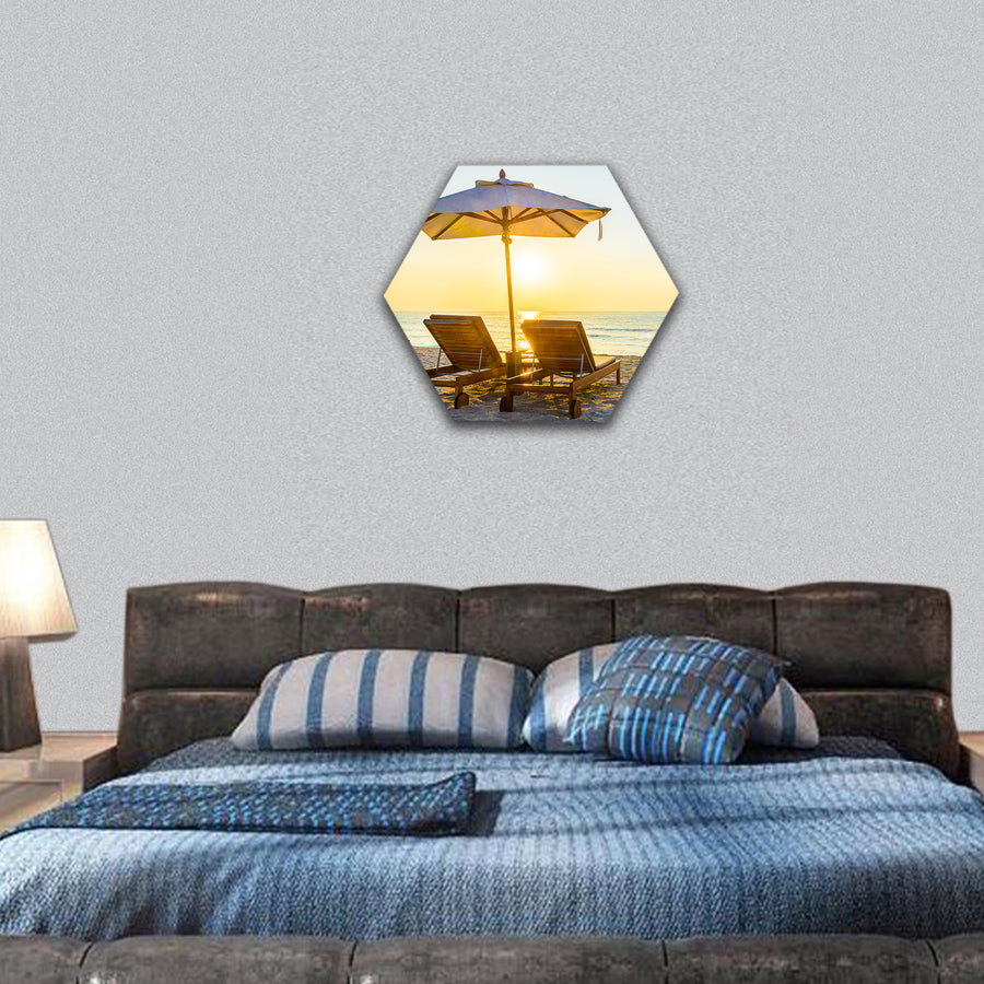 Beach bed with sun flare twilight time hexagonal canvas wall art
