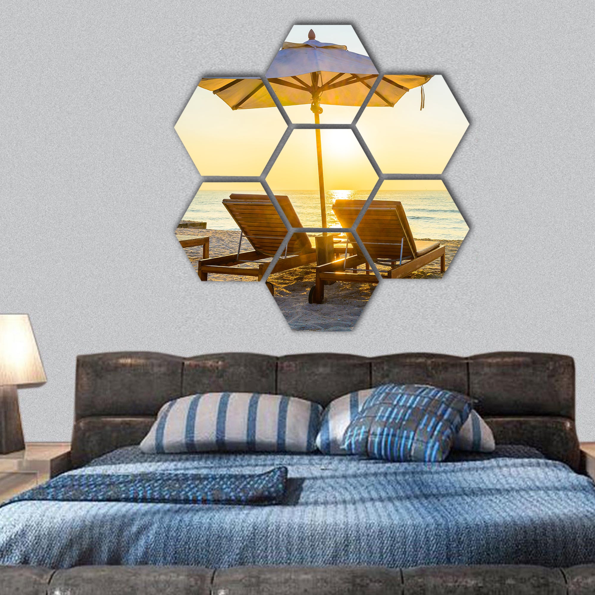 Beach bed with sun flare twilight time hexagonal canvas wall art