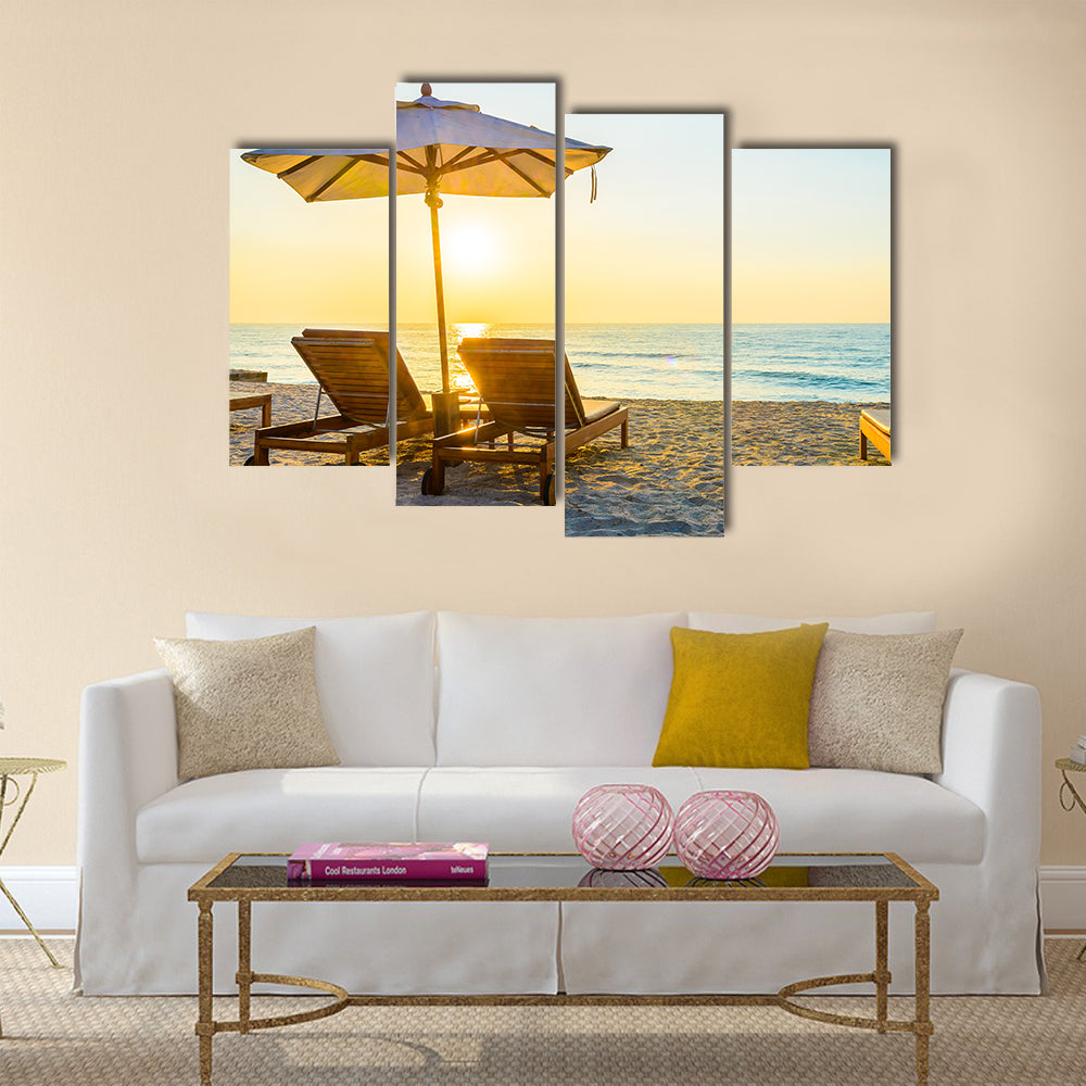 Beach bed with sun flare twilight time Multi panel canvas wall art