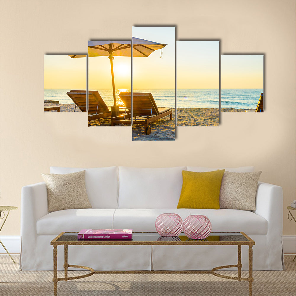 Beach bed with sun flare twilight time Multi panel canvas wall art