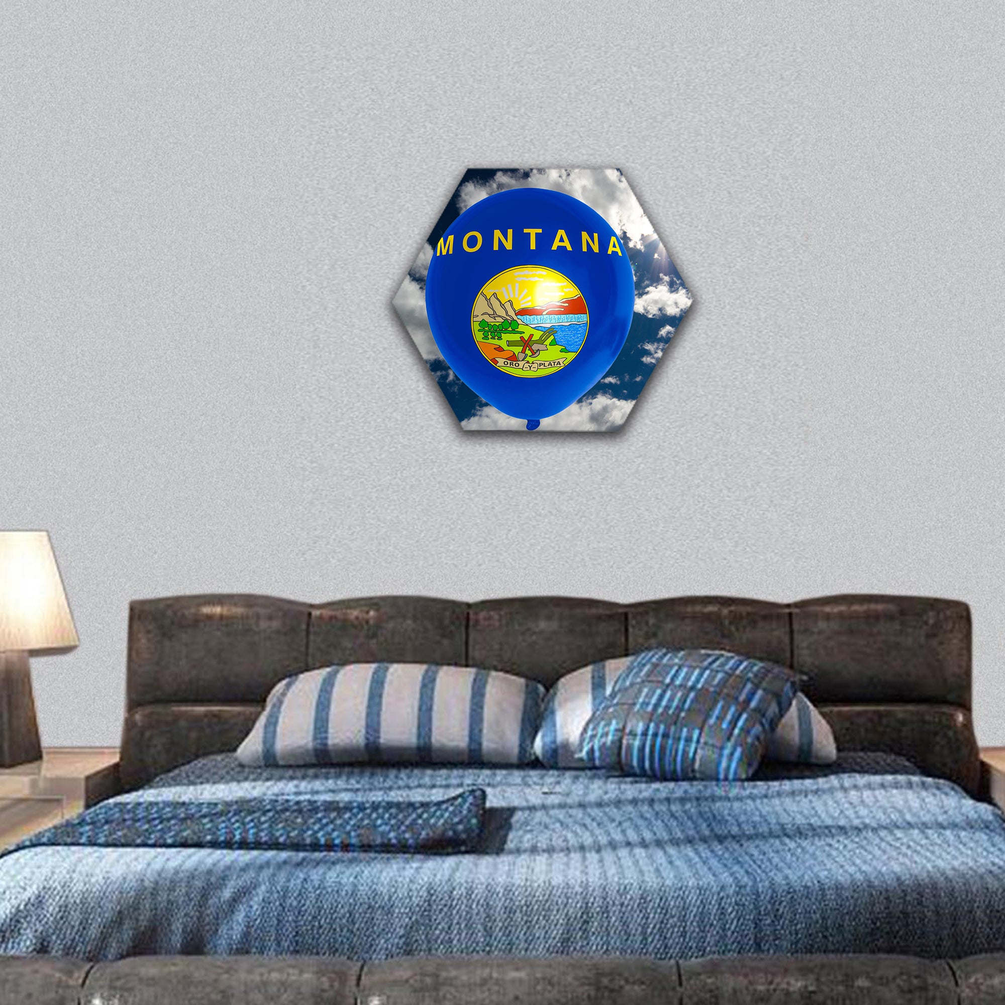 balloon in colors of montana flag flying on blue sky hexagonal canvas wall art