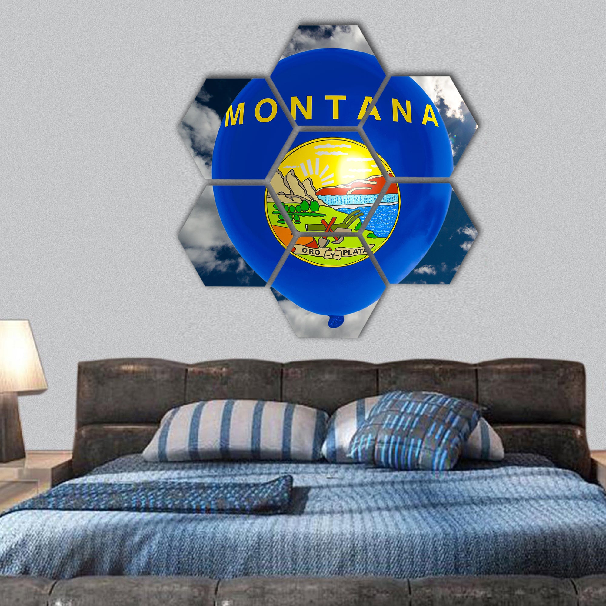 balloon in colors of montana flag flying on blue sky hexagonal canvas wall art