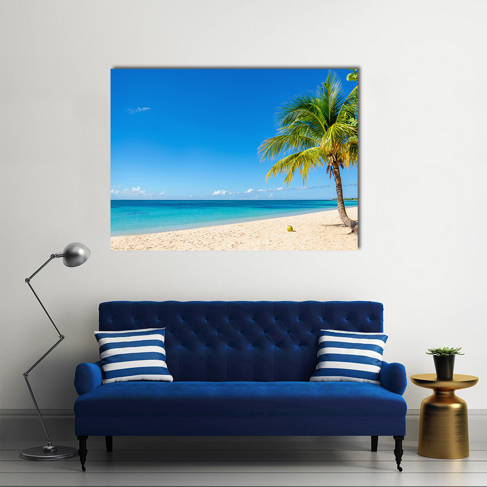 Amazing sandy beach with coconut palm tree and blue sky, Caribbean Islands multi panel canvas wall art