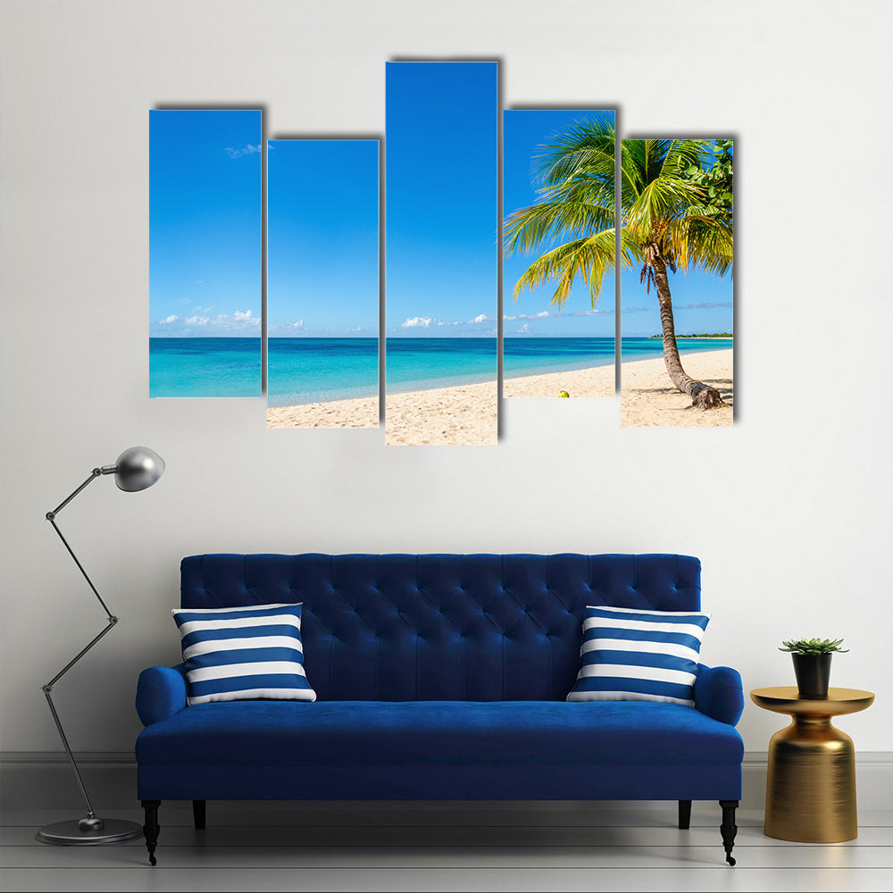 Amazing sandy beach with coconut palm tree and blue sky, Caribbean Islands multi panel canvas wall art