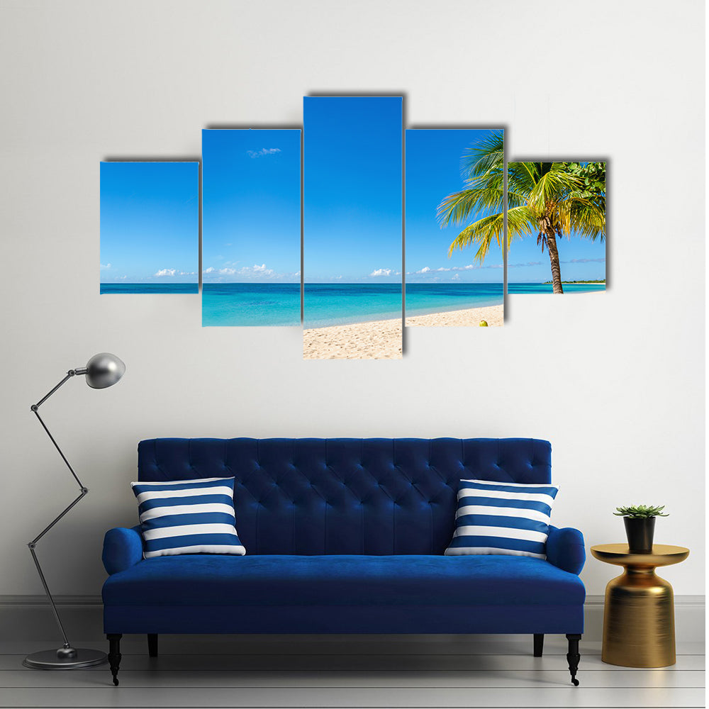 Amazing sandy beach with coconut palm tree and blue sky, Caribbean Islands multi panel canvas wall art